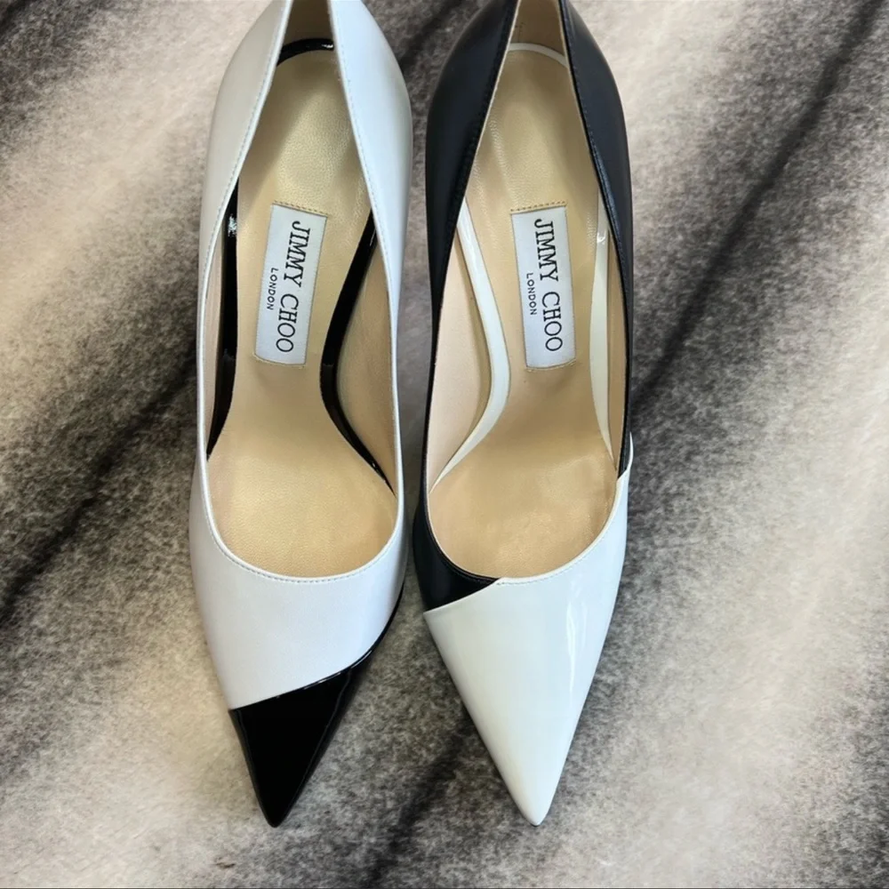 Jimmy Choo Love 100 Black and White Asymmetric Patent Nappa Pumps Heels - Picture 2 of 10